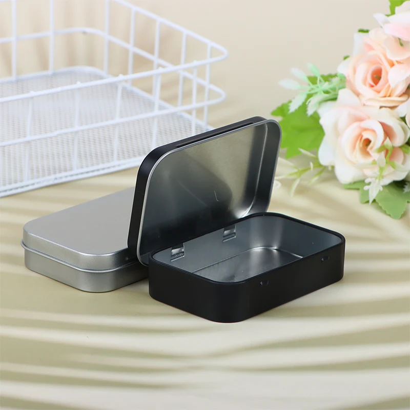 1PC Metal Rectangular Empty Mini Tin Box Tinplate Push Candy Pill Cases Bins Jar Hinged Containers Small Organizer Storage Box