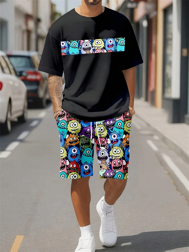Summer Cartoon Print Men's Crew Neck Short Sleeve Top and Shorts Harajuku Street Style Mens Set Casual Comfort for Everyday Wear