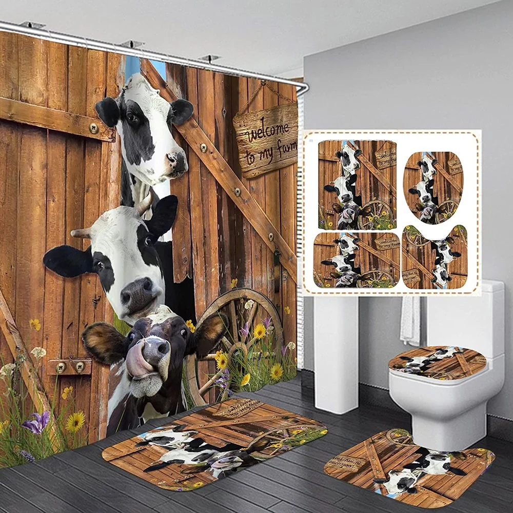 

Funny Cow Rustic Wagon Wheel Shower Curtain Set Country Flower Farm Cute Animal Wooden Farmhouse Bathroom Set Decor Bath Rug Mat