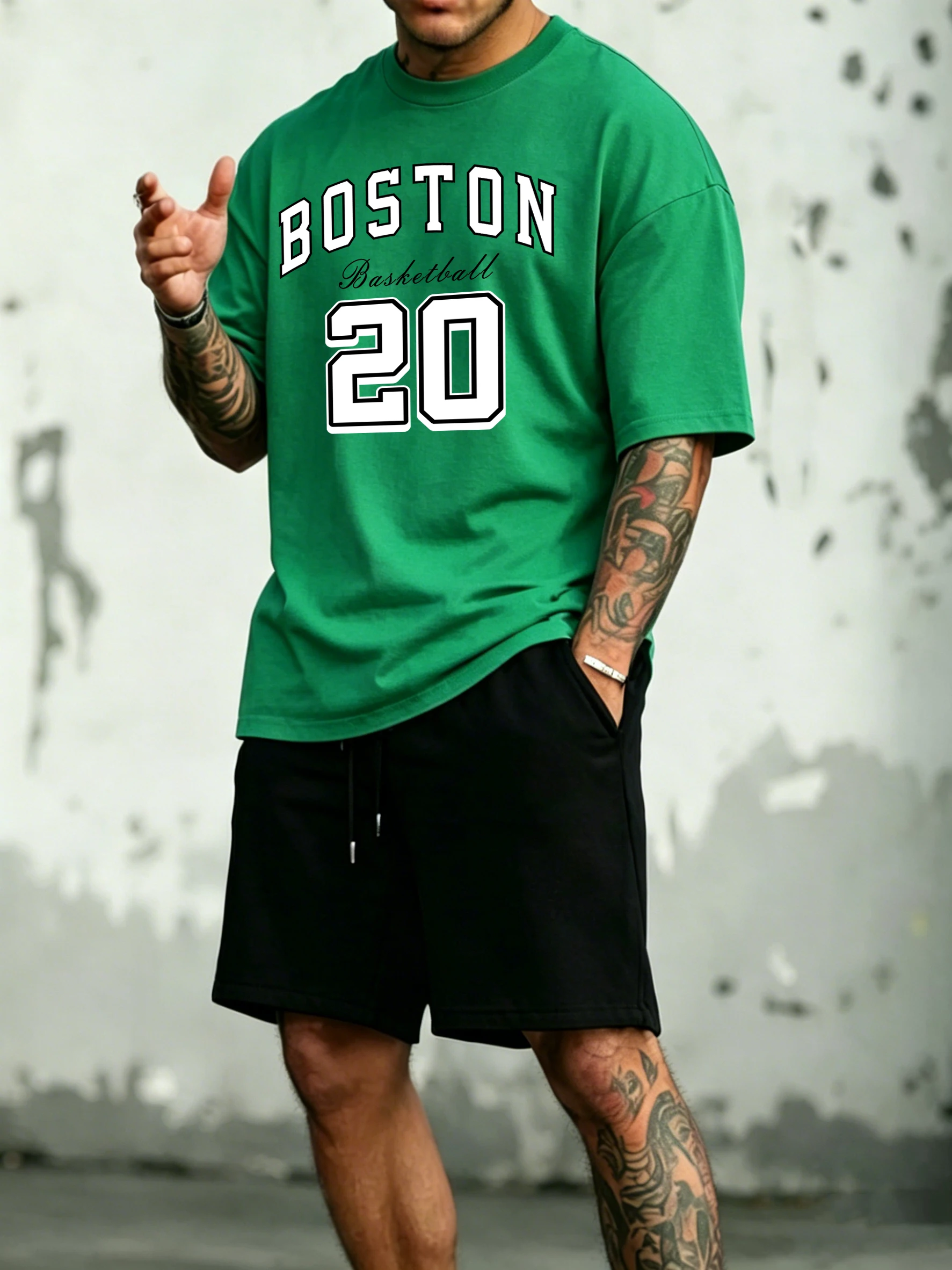 

Boston 20 Green Art Letter Pattern Cotton Summer Loose Men Sportswear Suit Daily Oversized Shorts Street Hip Hop T-Shirt Unisex