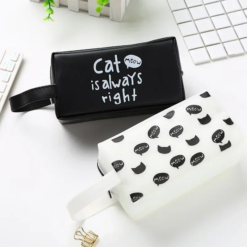 Creative Cute Black White Cat Square Pencil Case Portable Large Capacity Student Stationery Bag Kawaii Girl School Supplies