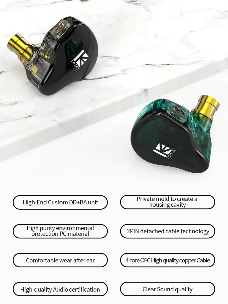 KBEAR KS2 1DD+1BA Hybrid IEM Earphones 10mm Composite Diaphragm Detachable Cable  Stylish PC Shell Wired In Ear Headphones
