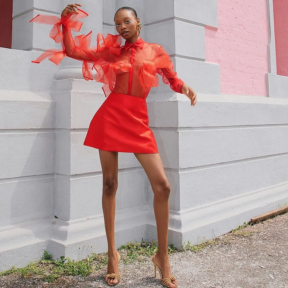 

Red Sexy Tulle Coat With Collar Long Sleeves Women Jacket See Through Girls Party Top Wear Aso Ebi Coat Slim Female Jacekt