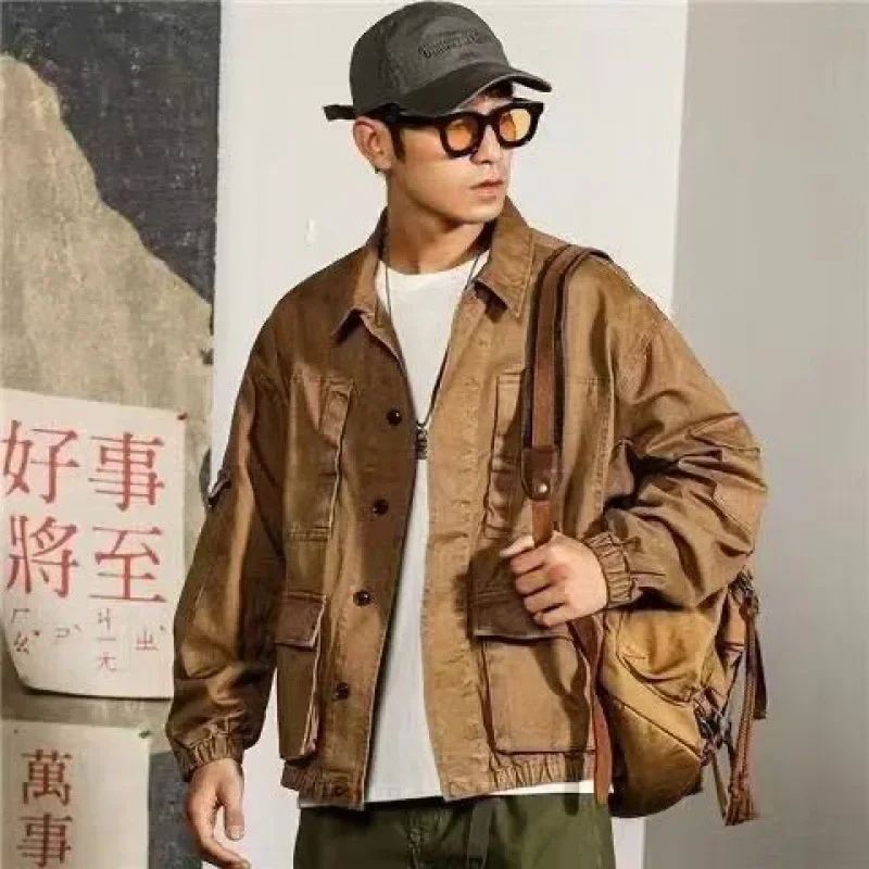 Men Tooling Fashion Clothing Tough Coat Loose More Pockets Pilot Leisure Jacket Lapel Leisure Men