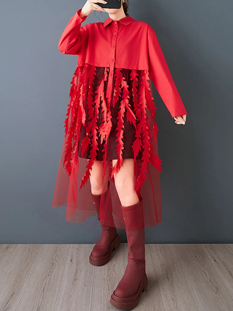 Sukienki damskie w stylu vintage z siateczkowymi wstawkami, czerwone, nowe, z długim rękawem, luźne, codzienne sukienki midi, eleganckie ubrania, wiosna jesień 2026