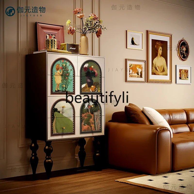 

French retro style painted solid wood tall bedroom bedside storage decorative cabinet living room entrance locker4593