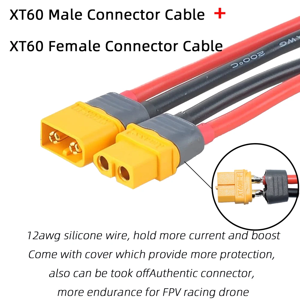 Amass XT60 Plug Male Connector with Sheath Housing with 165mm 12AWG Silicon Wire for RC Lipo Battery FPV Racing Drone