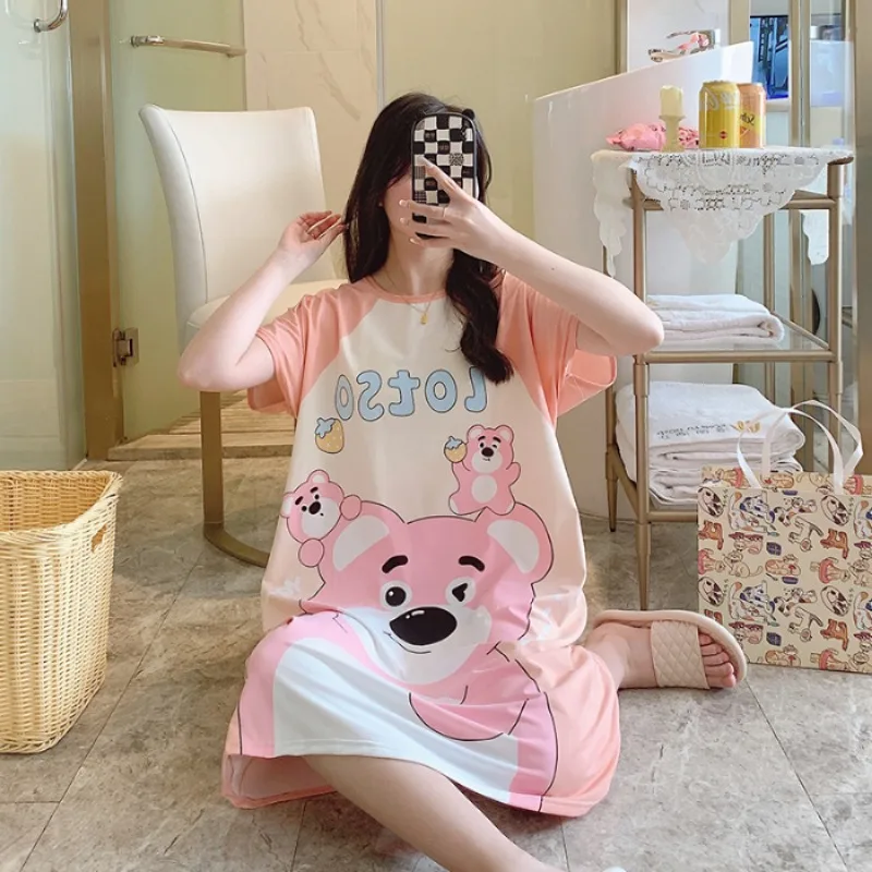 سانريو تنورة طويلة صيفية بأكمام قصيرة، فستان نوم على شكل دب الفراولة، ملابس مريحة غير رسمية، ملابس تنحيف على شكل دب الفراولة #6