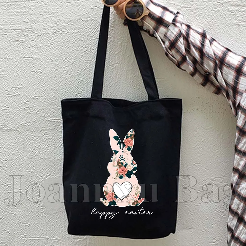 Aquarelle lapin lapin de pâques oeufs colorés Floral joyeux pâques lapin mignon cadeau femmes toile fourre-tout sac coton sac à main