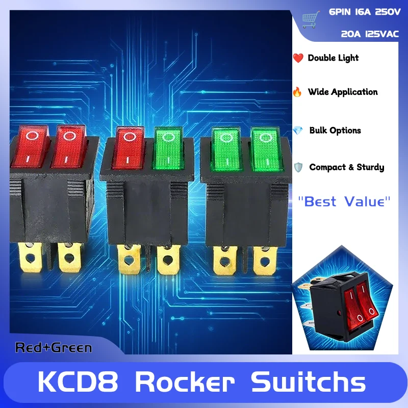 

2Position 6PIN 16A 250V/20A 125VAC Electrical equipment Boat Car Power Switches 1~100pcs KCD8 Double Light Rocker Switch ON-OFF