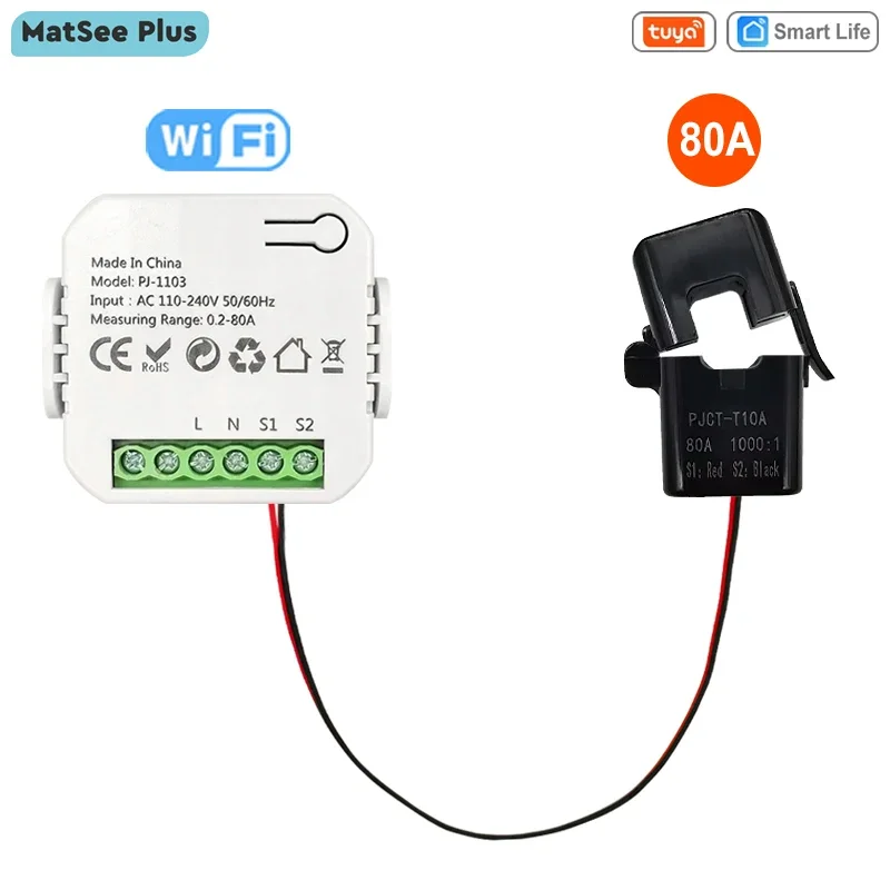 

Умный Wi-Fi монитор энергии Tuya, измеритель мощности с датчиком температуры 80 А, детектор электроэнергии в реальном времени и статистика AC110-240 В, 50/60 Гц