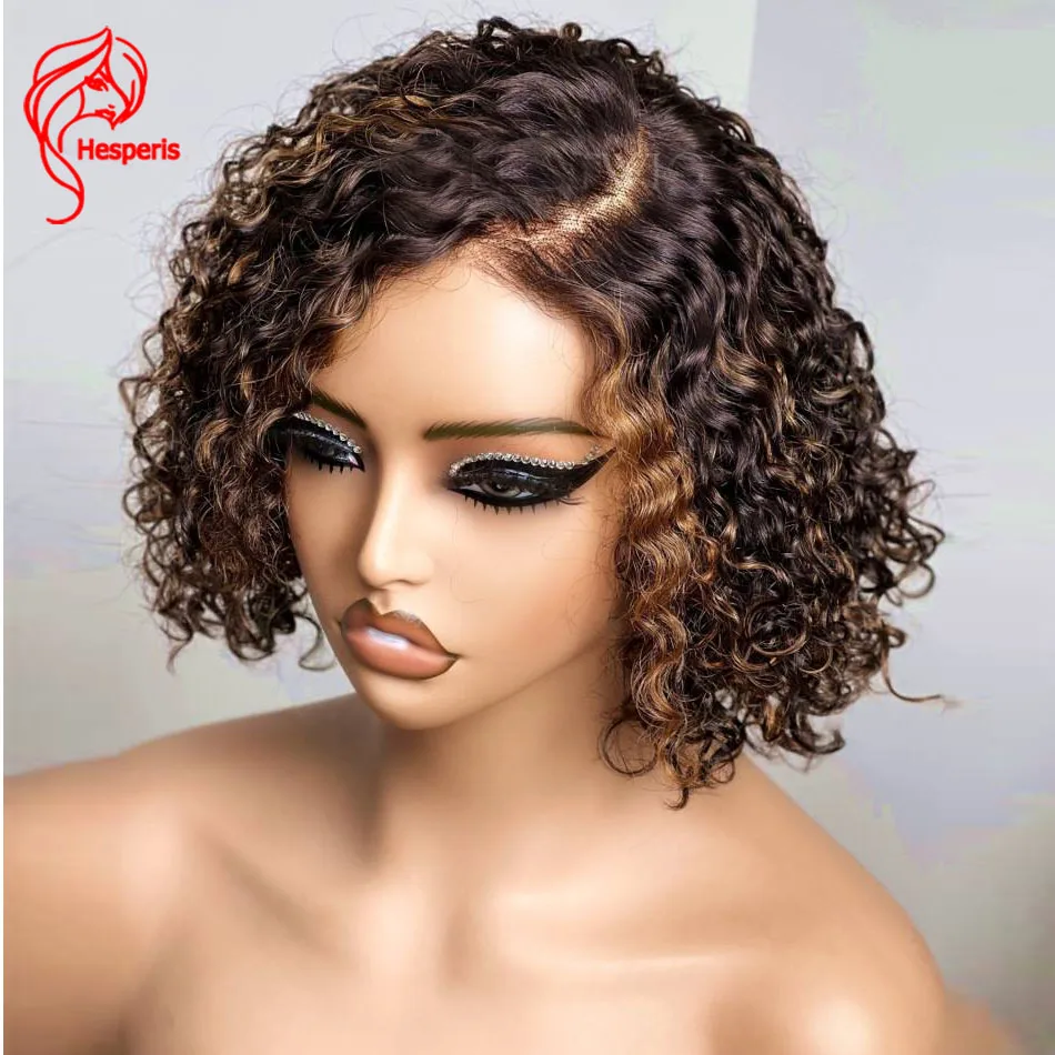 Hesperis  Highlight Brown Short Curly Bob Wig Glueless Human Hair Lace Front Wigs 13x6 Deep Part Brazilian Remy Bob Cut Curl Wig