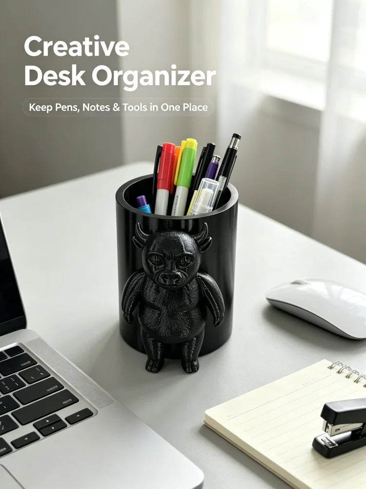 Dark Cute Demon Cow Desktop Pen Holder Storage Box, 3D Demon Calf Statue Pen Cup, Matte Black Solid Petg Material, Large Capacity Multi-Purpose Pen Storage Container, Stable Base for Secure Placement, Office Supplies Storage, Suitable for Student Desks, Office Desks, Gaming Desks, Quirky Monster Desktop Decorations, Gothic Style Room Decoration Accessories, Novelty and Unique Stationery, Create an Atmosphere on Your Desk, Fun Gift Idea