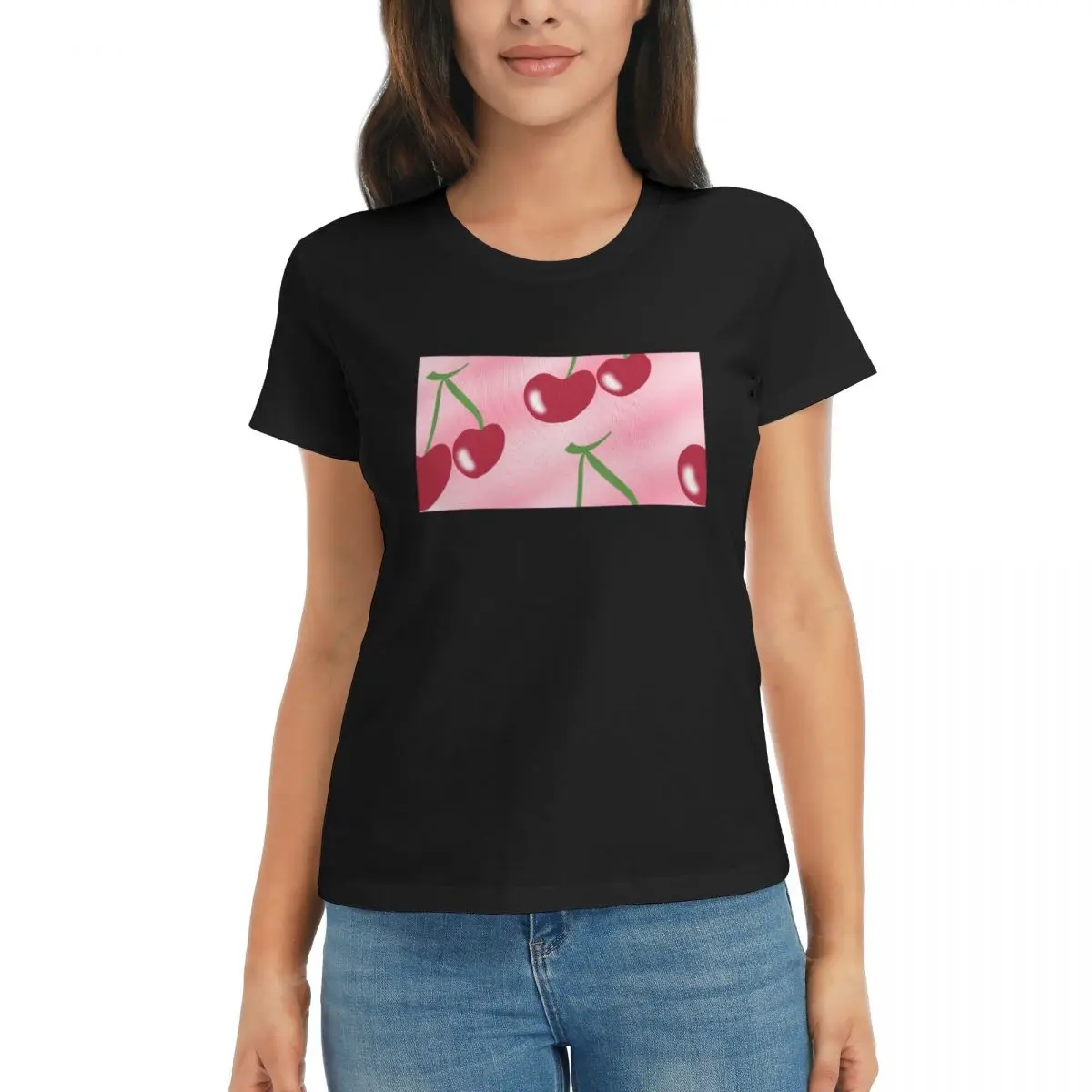 

Women T-Shirt Red Cherry Green Stems Pink Summer Short Sleeve Tees Round Neck Cotton T Shirts Clothes Tops Streetwear