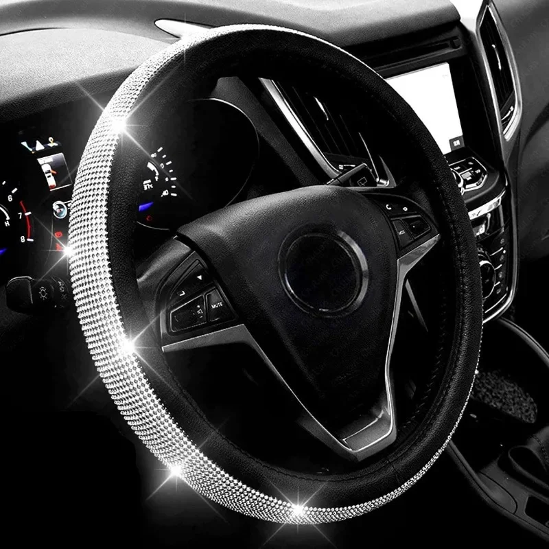 

2025 Bling Bling Diamond Rhinestones Crystal Car Steering Wheel Cover PU Leather Auto Accessories Case Car Styling