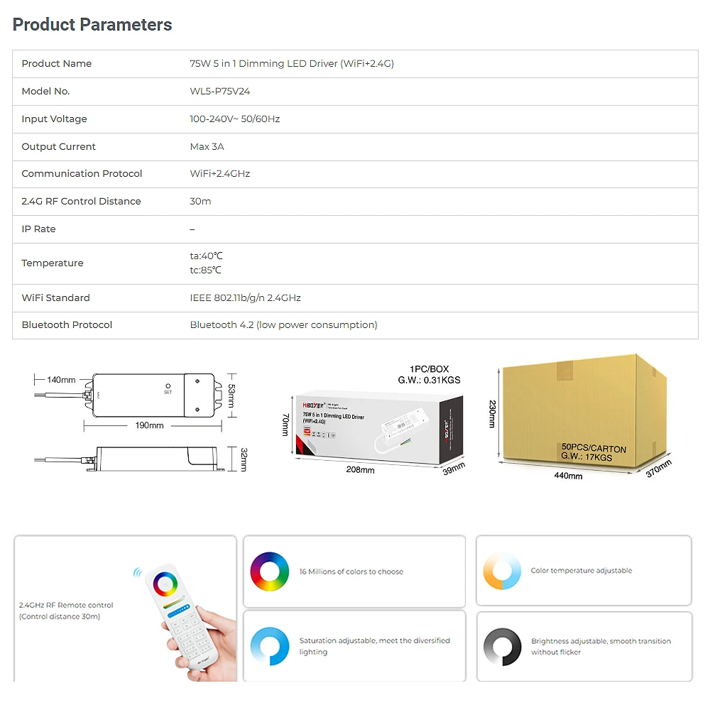 MiBoxer WL5-P75V24 5In1 Tuya Smart 24V75W WiFi+2.4G Dimmer Built-in Driver for Single Color/Dual White/RGB/RGBW/RGBCCT LED Strip