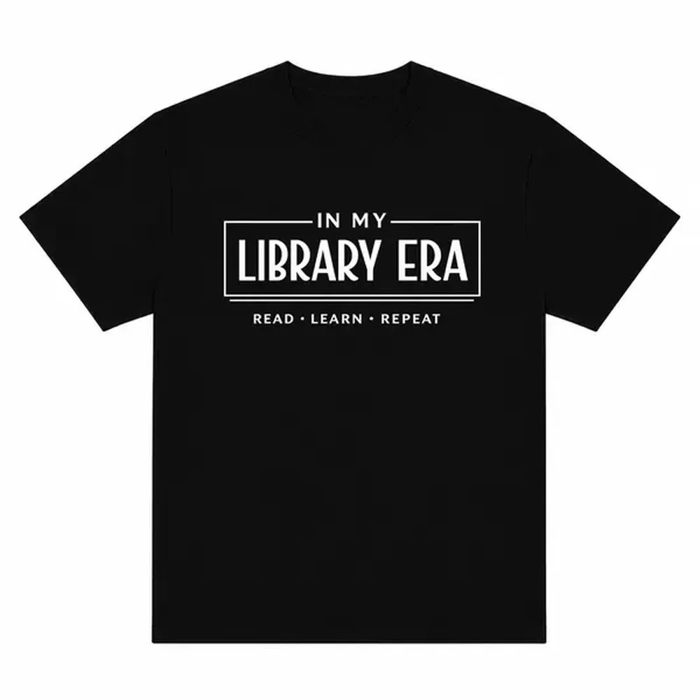 In My Library Era T-shirt, Read Learn Repeat Letter Print Shirt, Book Lover Graphic Tee Top, Black Shirt for Men, Women, Unisex, Harajuku Streetwear, Oversized Casual Sweet Wear Outfit, Reader Gift