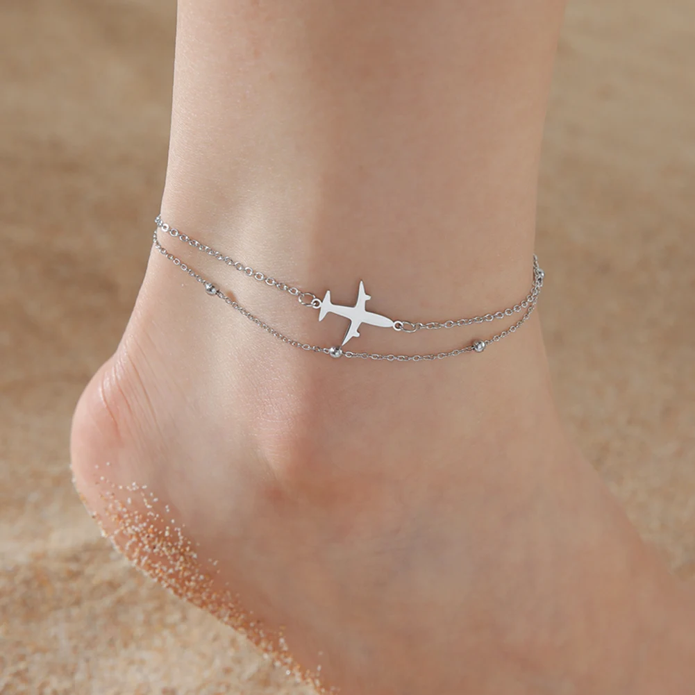 Lucktune Airplane Pendant Anklet for Women Stainless Steel Aircraft Plane Double Bead Chain Foot Chain Boho Summer Beach Jewelry