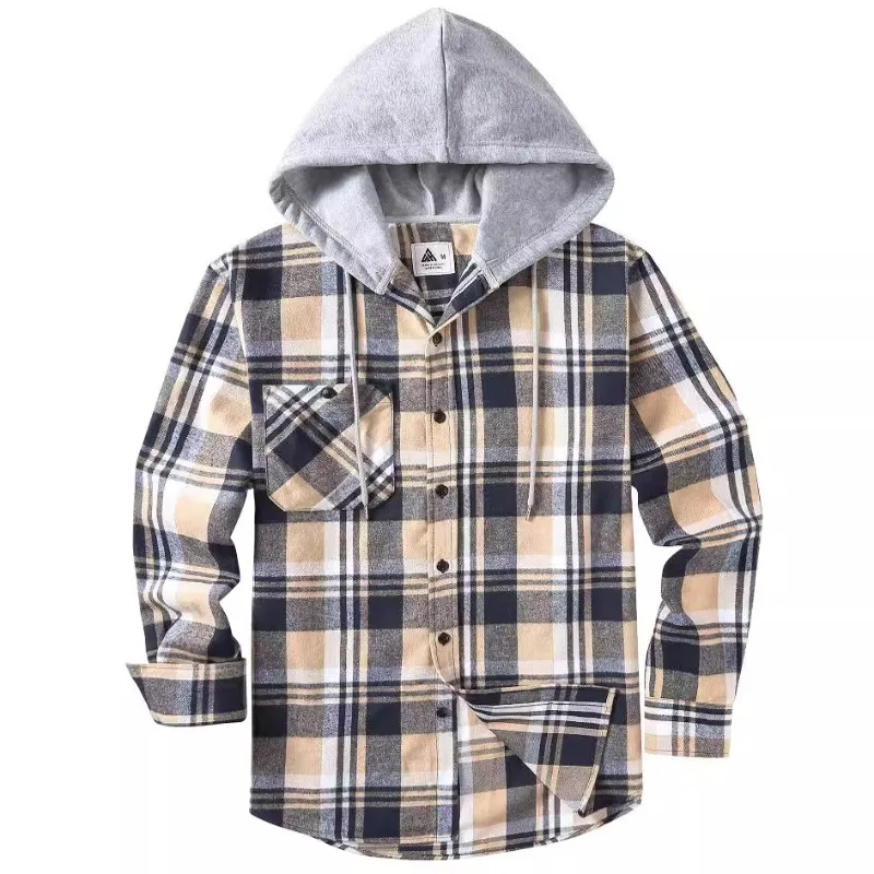 

Spring and Autumn Men's Plaid Hooded Flannel Warm Shirt