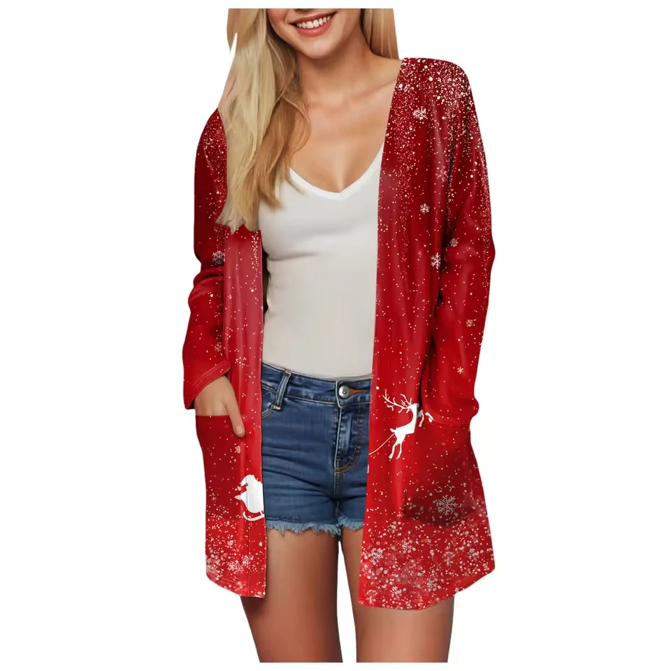 Women Christmas Print Pocket Cardigan Long Sleeve Midi Length Casual Cardigan Versatile Jackets