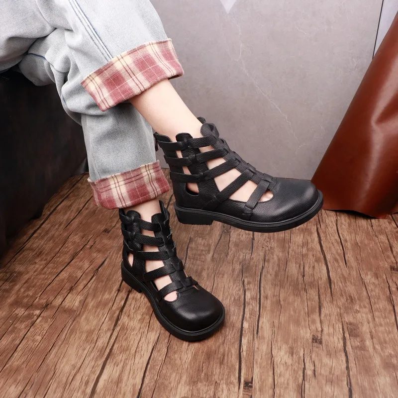 

Birkuir модные женские ботильоны с молнией сзади, короткие ботинки с открытыми отверстиями, туфли на толстом каблуке, 2025 г., ботинки на платформе из натуральной кожи