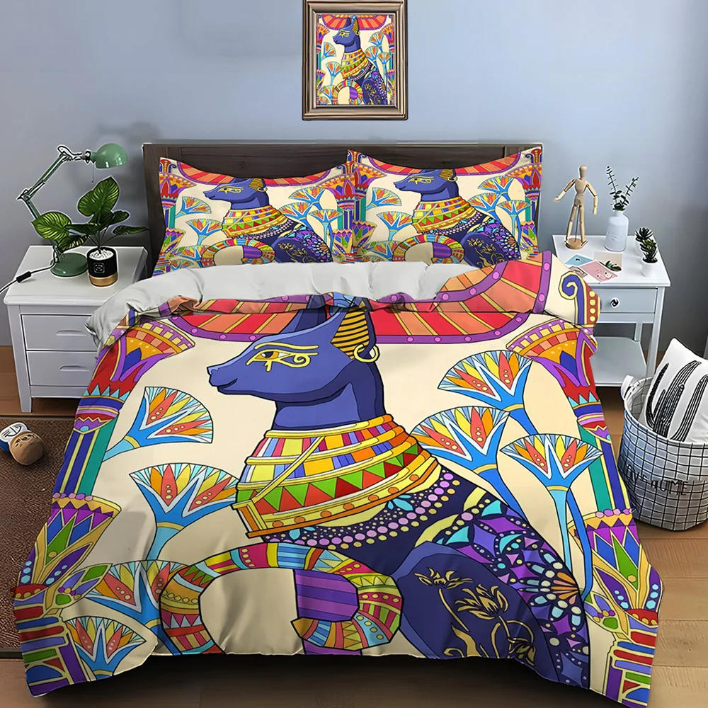 Egyptian style painted cat Bedding Set for Kids Luxury Gift 3pcs Digital Print Comforter Set Soft Comfortable Breathable
