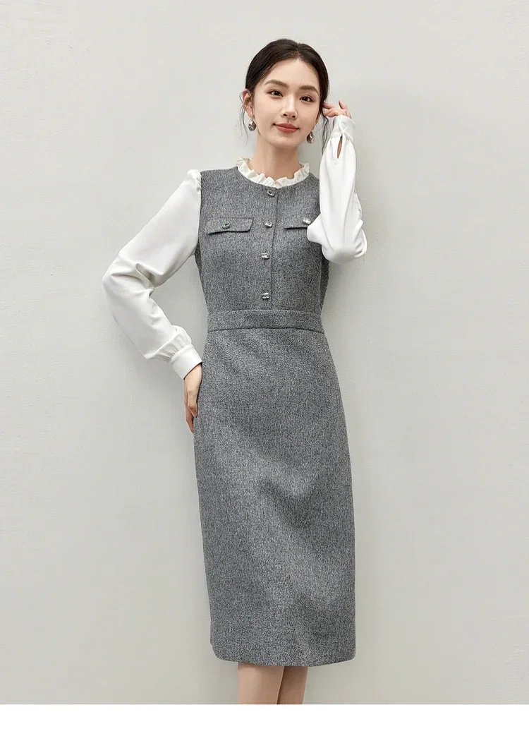 SENTUBILA Patchwork Spliced A-line Dresses for Women 2024 Autumn Winter Retract Waist Slit-hem Elegant Women Dress 144L57111