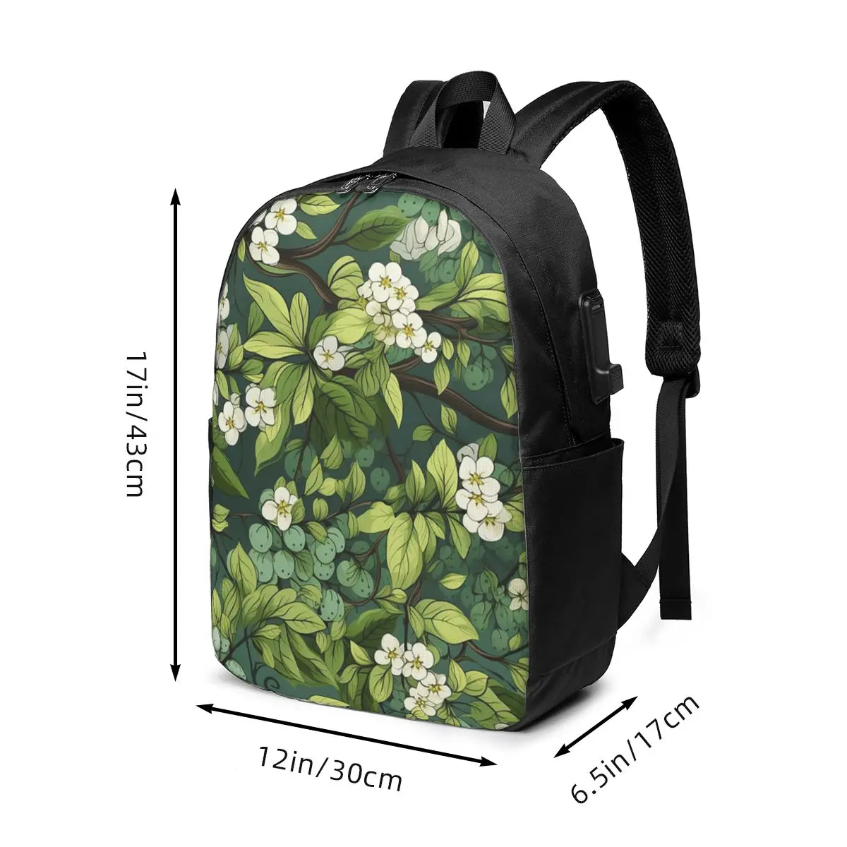 Pattern Of Green Leaves And White Flowers Backpack Travel Notebook Bag Computer College Student School Bag Laptop Shoulder Bags