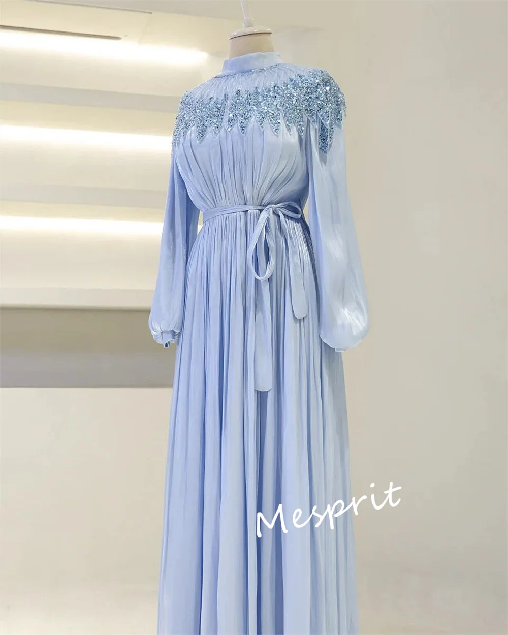 Vestidos largos acampanados de cuello alto con pliegues y lentejuelas de gasa personalizados, vestido de noche clásico para ocasiones a medida, brillo exquisito