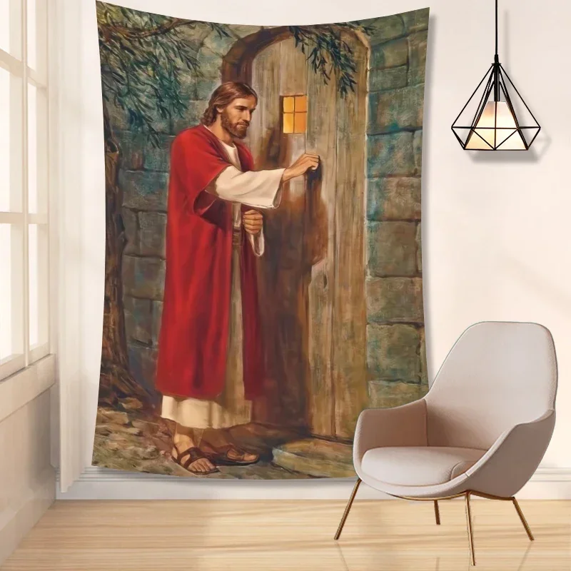 Jesus Christ Knocking The Door Tapestry Christmas Wall Decor Christian Believers Wise Men Wall Hanging Easter Home Decoration