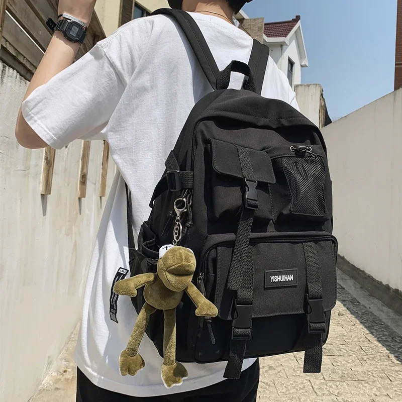 2025 Students Black School Backpack Portable Nylon Cloth Multi Pocket Eco-friendly Unisex Knapsack Lovers' Frog Pendant Rucksack