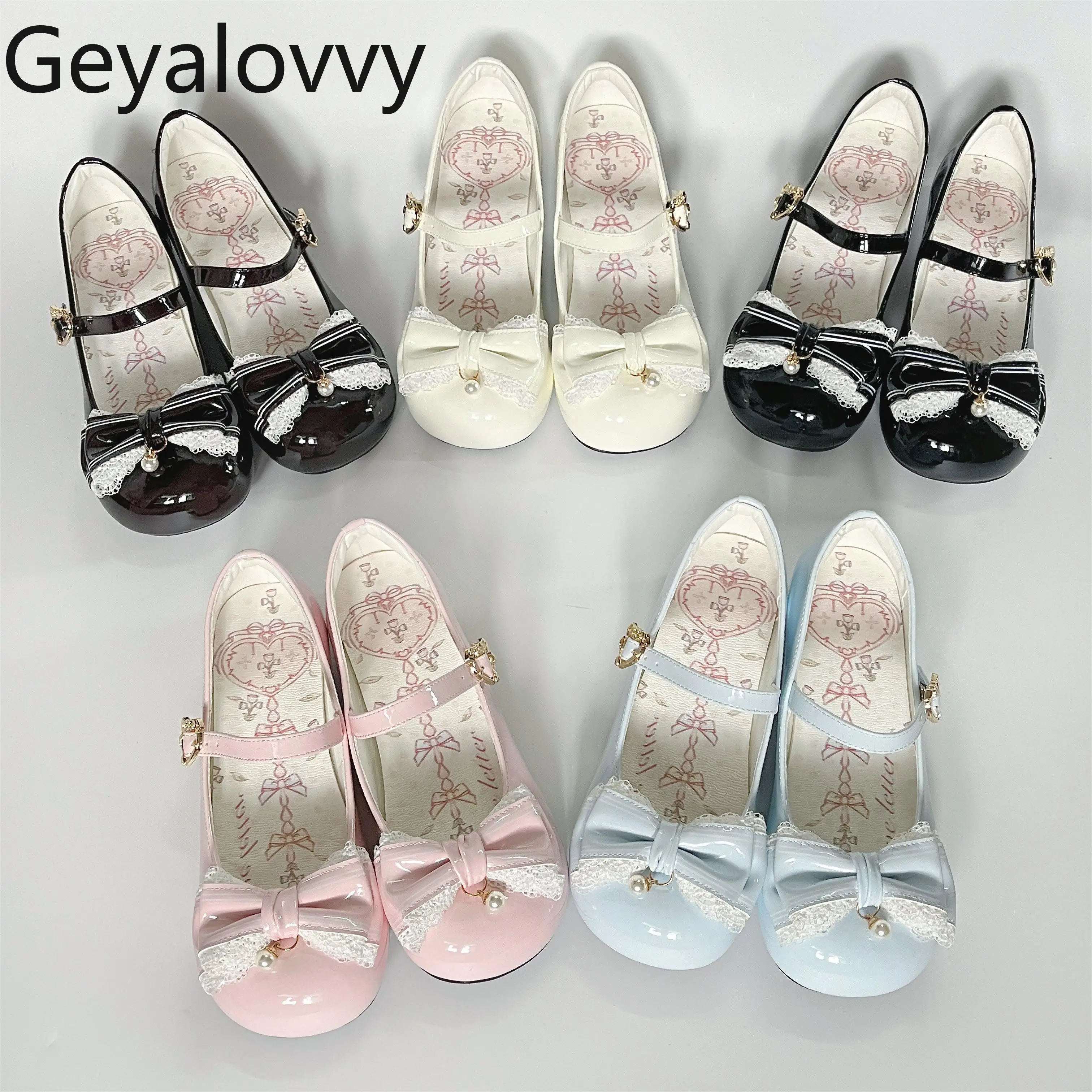 

Love Letter Original Low Heel Pumps Lolita Style Spring Autumn Pearl Small Round Toe Elegant Lace Bow Women's Leather Shoes