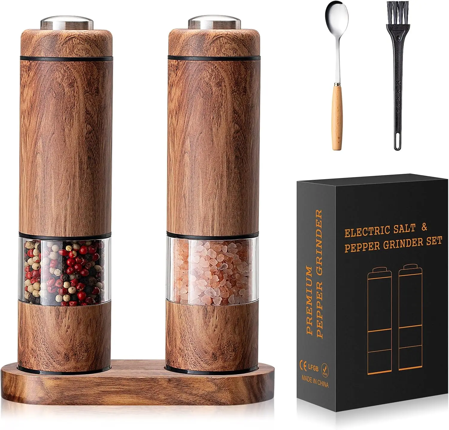 

Electric Salt and Pepper Grinder Set, Automatic Salt and Pepper Grinder Set with Wood Base, Adjustable Coarseness, LED Light