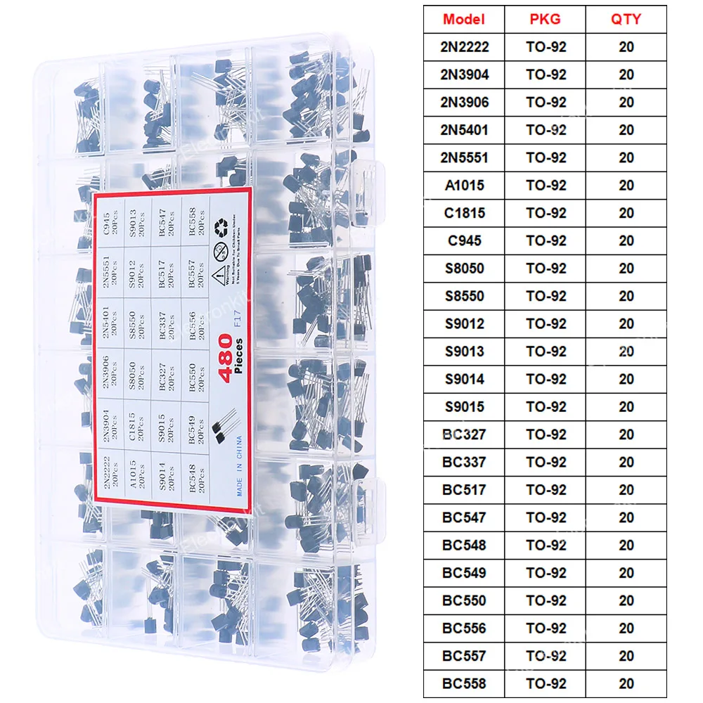 480Pcs 24 Types NPN-PNP TO-92 Transistor MIX Kit Triode 2N2222-BC558
