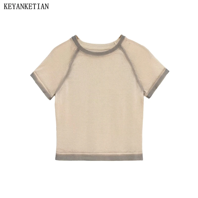 

KEYANKETIAN 2025 Summer New Women's Tie dye Gradient Knitted Top Street style O-Neck Short Sleeve Slim Crop Pullover Thin