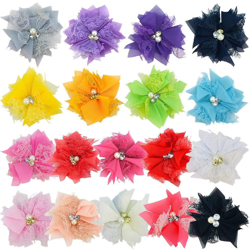 

7 см шифоновый цветок с цветными блоками, ручная работа, очаровательный сетчатый цветок для домашних животных, жемчужный горный хрусталь, головные уборы, аксессуары, оптовая продажа, 300 шт.