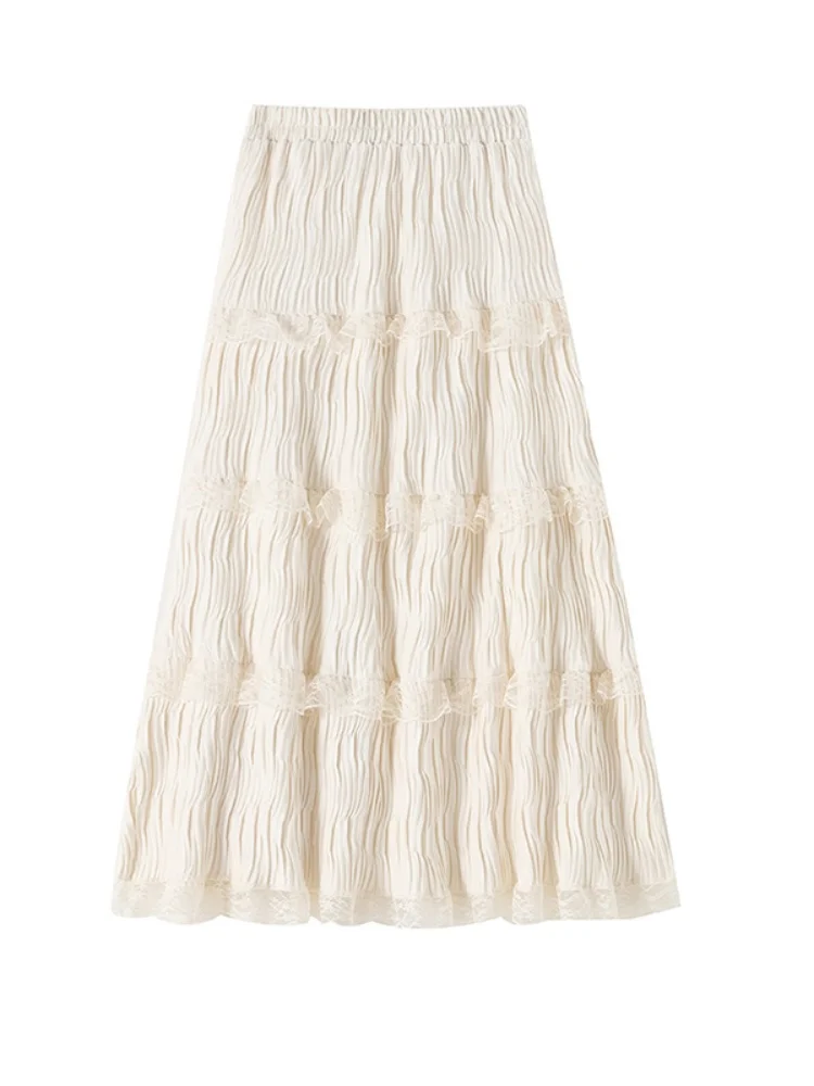 Gonna torta in velluto bianco Thi f-lunghezza Gonna longuette a trapezio in pizzo delicato autunno inverno da donna coreana a vita alta