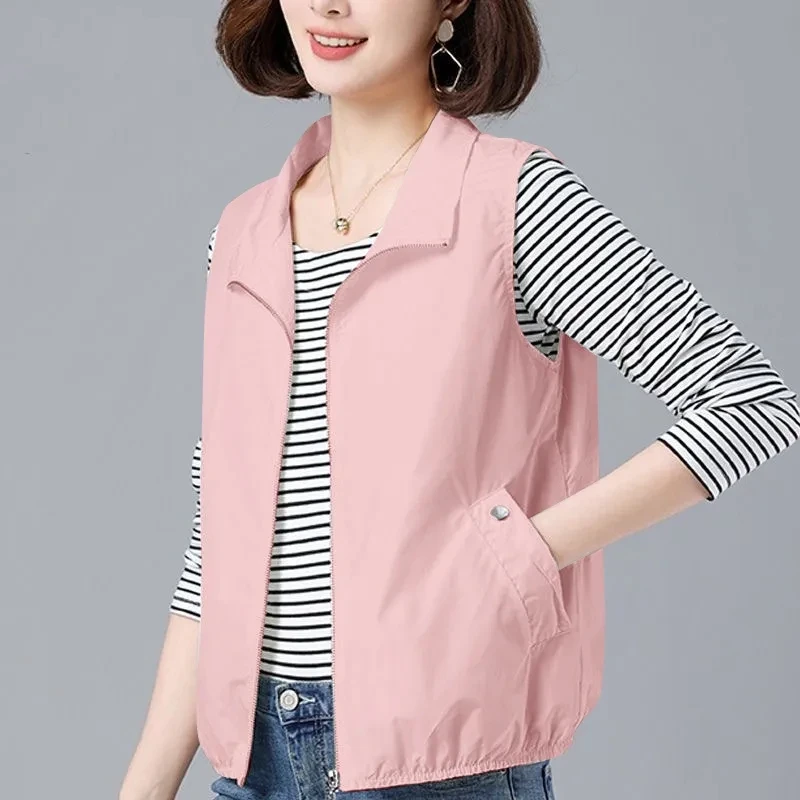 Spring And Summer Female Leisure Short Vest Cardigan Tops Coat Middle Aged Mom Costume Fashion Solid Color Cardigan Vest Jacket