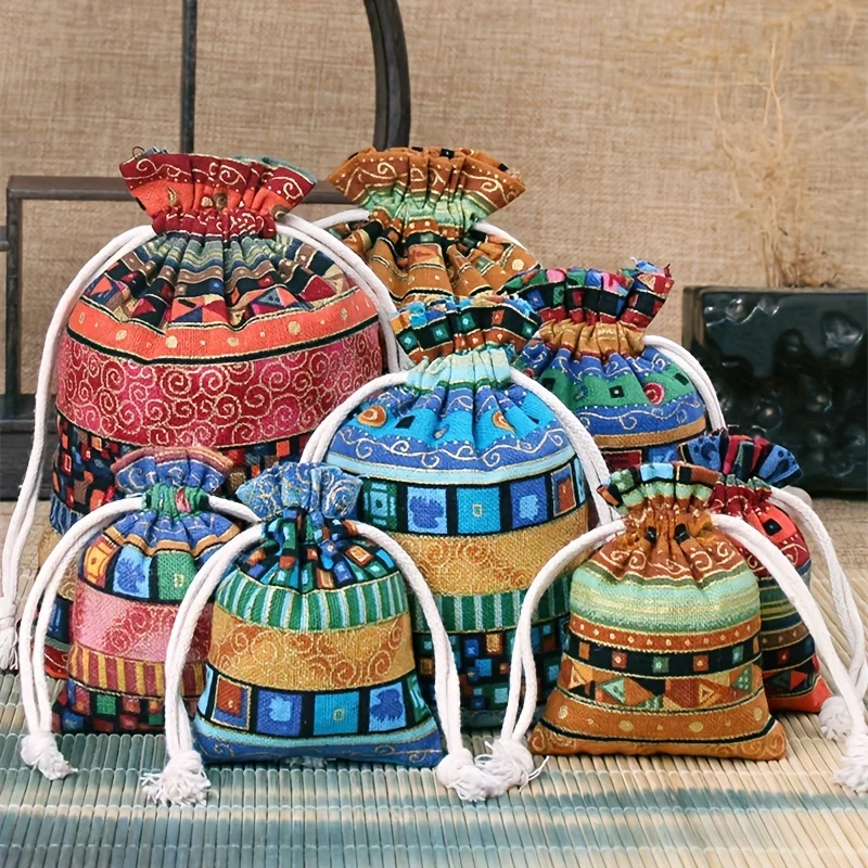

6 шт., сумки для хранения бусин в этническом стиле, культурные буддийские бусины, сумки из хлопковой льняной ткани с завязками на шнурке, сумки для упаковки