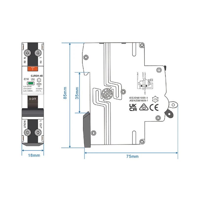 RCBO Type A Residual Automatic Circuit Breaker 1P+N DPN With Over Current Leakage Protection 30mA CJRO1-40