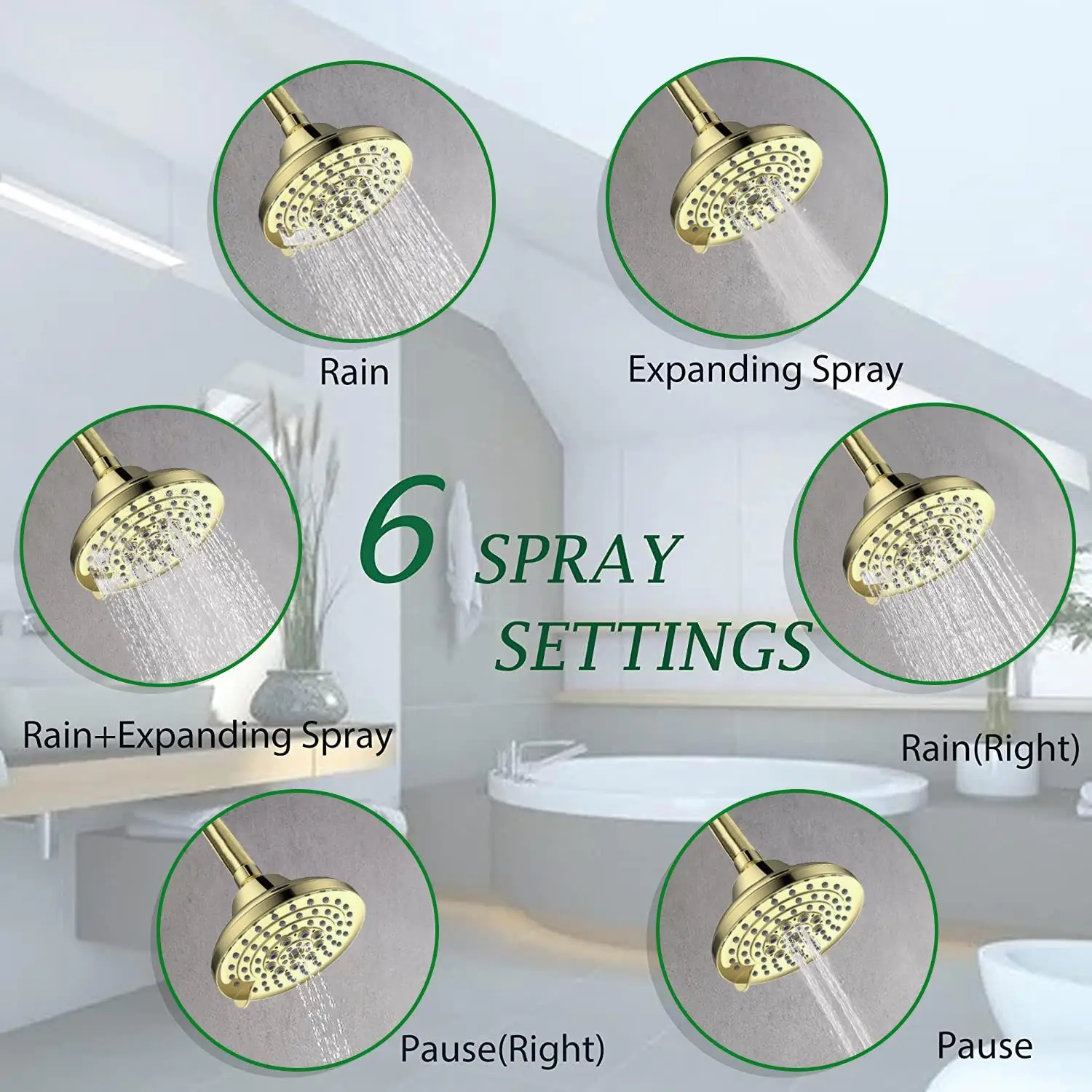 Cabeça de chuveiro dourada de alta pressão com 6 configurações de spray |   5 design fixo de chuva com bicos anti-entupimento e fácil instalação