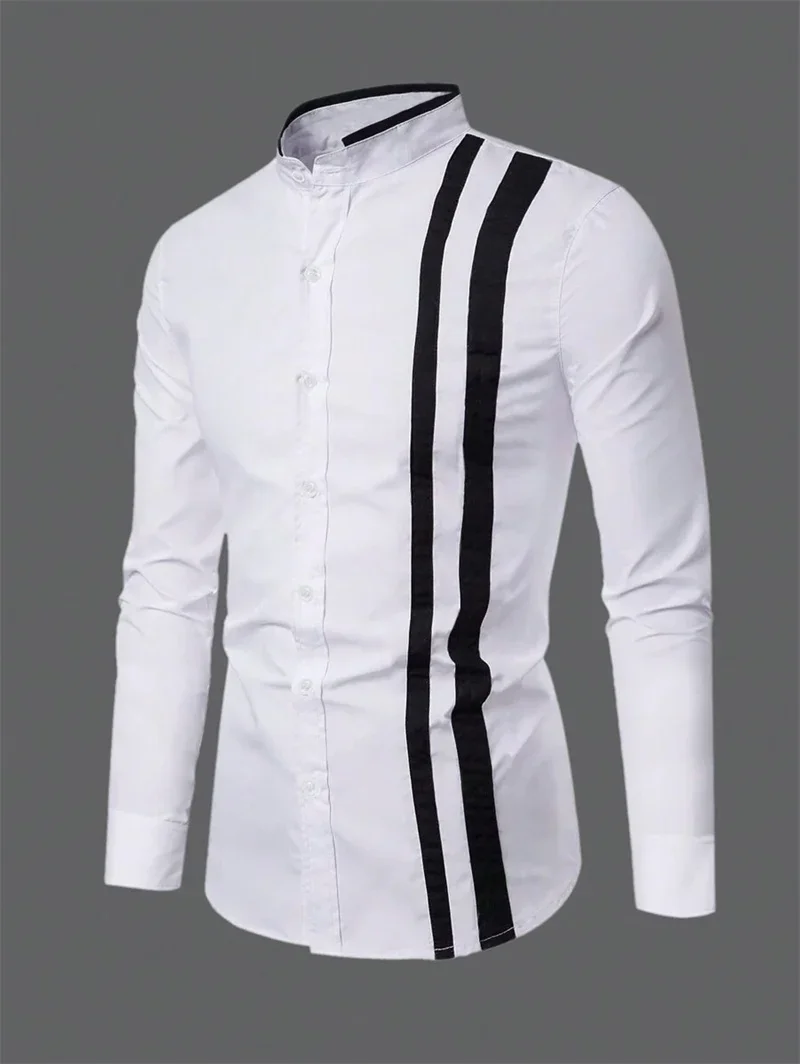 Men's Simple Retro American Striped D-print Shirt Long Sleeve Sleeve Lapel Silky Men's Shirt Business Formal Occasion Clothing