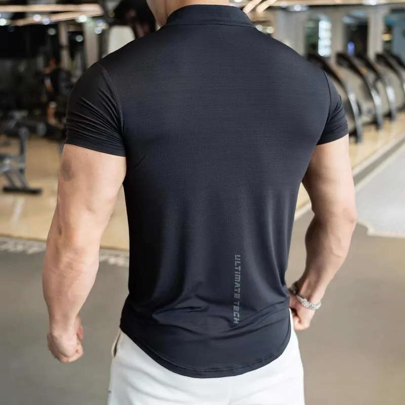 Summer Ice silk Mesh Running Gym Men Shirt short Sleeve Tees elastic fit Sports training Fitness Quick dry Zipper collar T Shirt