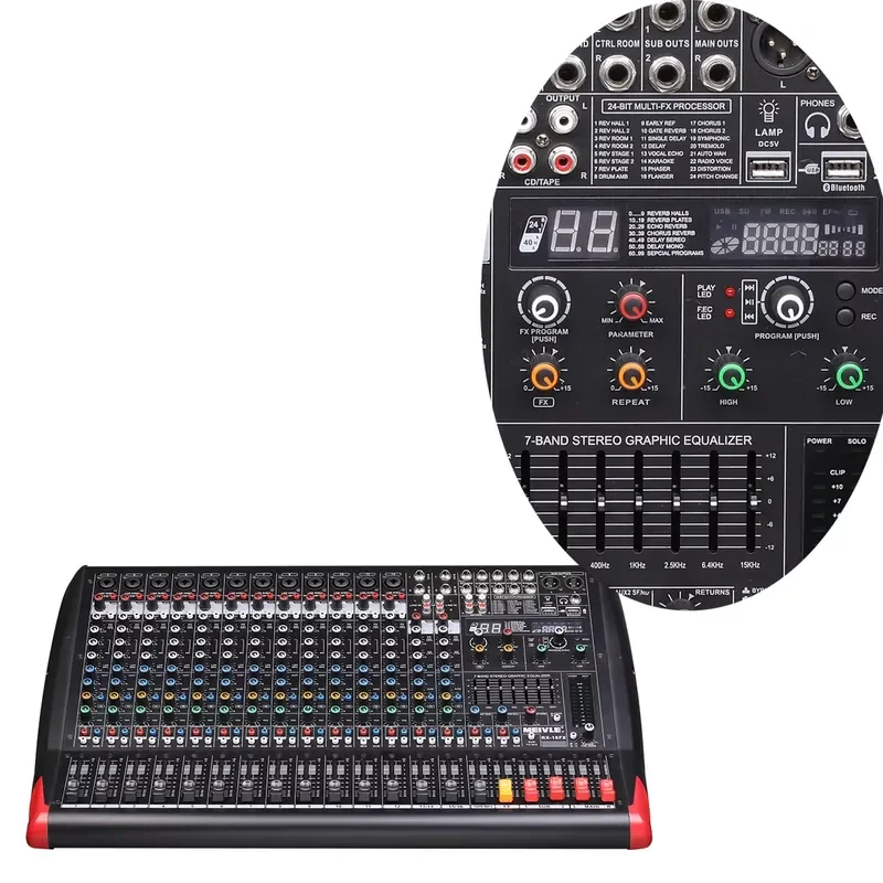 Pa System Professional Stereo Mixing Board Digital Hybrid Audio 14 Channel Mixer 12 Mono+2 Stereo Main Out: 1 Stereo 24bit