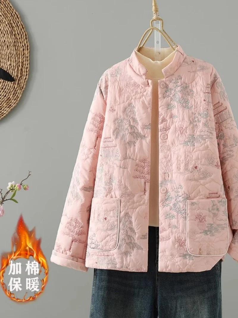 

Легкая хлопковая куртка с вышивкой на зиму 202, осень, топ в китайском стиле, женское стеганое пальто в стиле ретро с пейзажами w1143