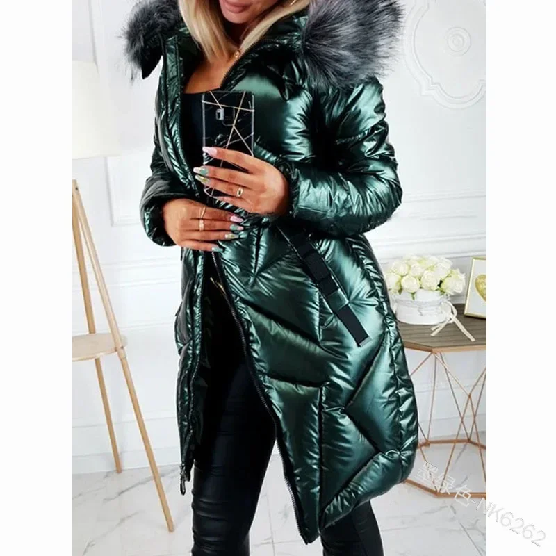 Imagem -04 - Parkas de Comprimento Médio Feminino com Colarinho de Pele Grande Cabolsa Slim Fit Sobretudos com Zíper Brilhante Roupas de Inverno Roupas Térmicas Outono