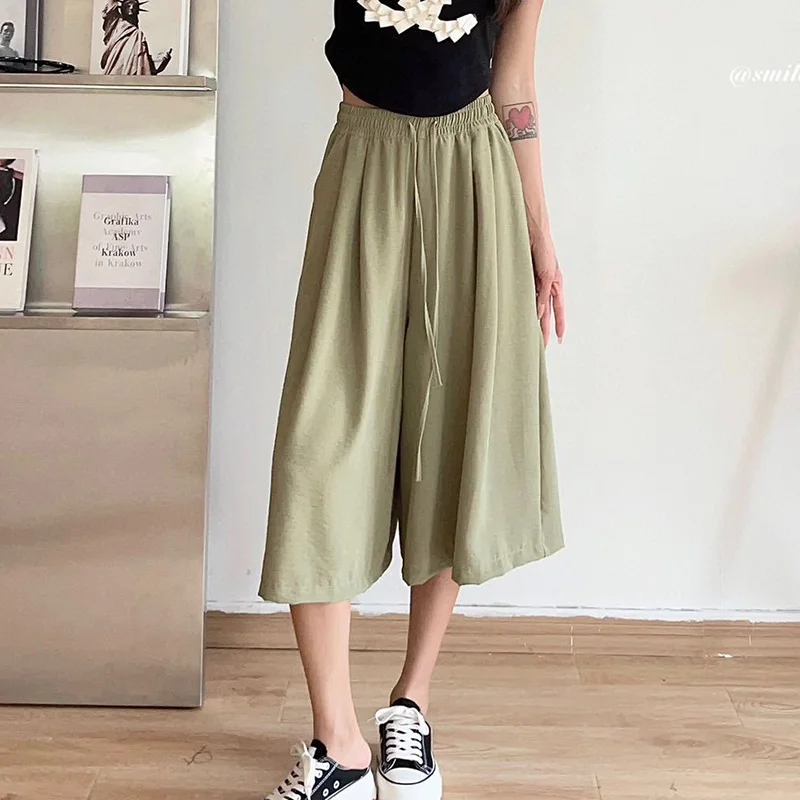 Women knee Length loose Pants Elastic Waist Wide Leg Female Pants 2024 Female Basic Summer Half Pants