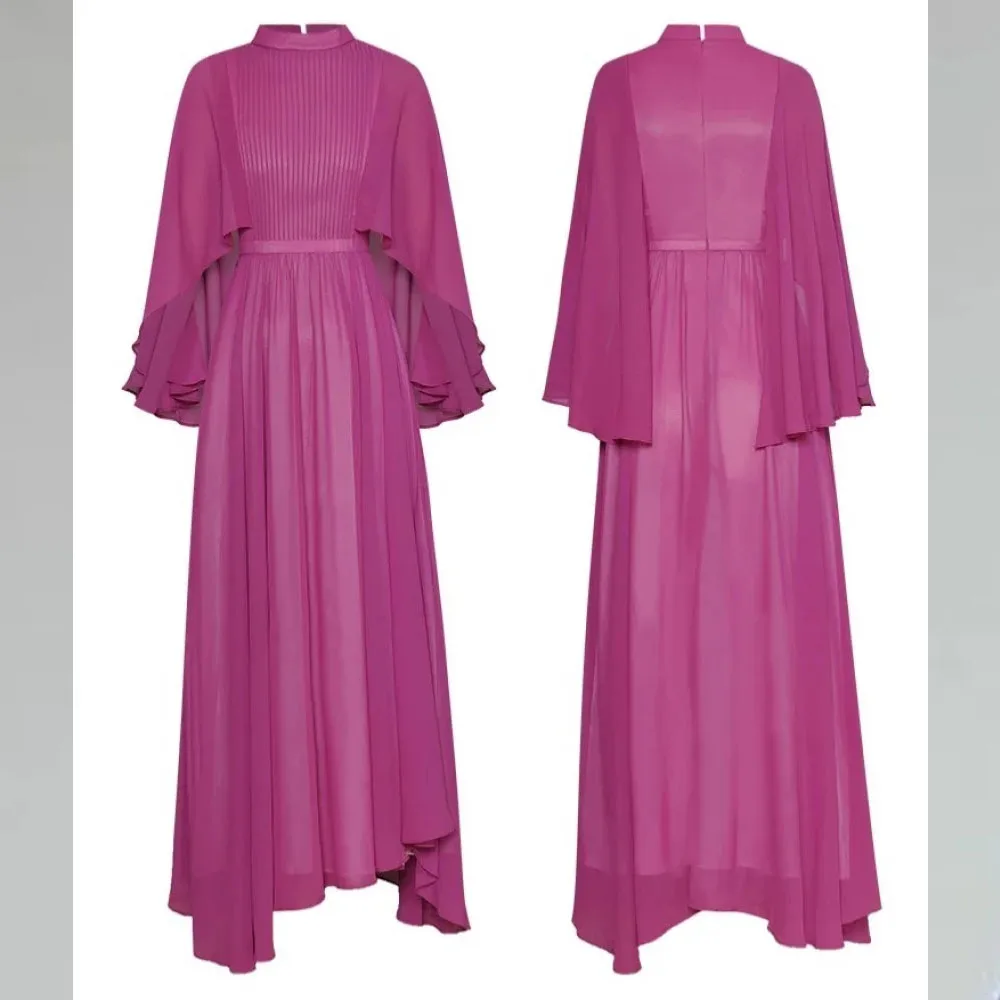 MOBEYE 2024 Fashion Show Summer Women's Stand Collar Butterfly Sleeve Drape High Waist Asymmetric Purple Maxi Dress