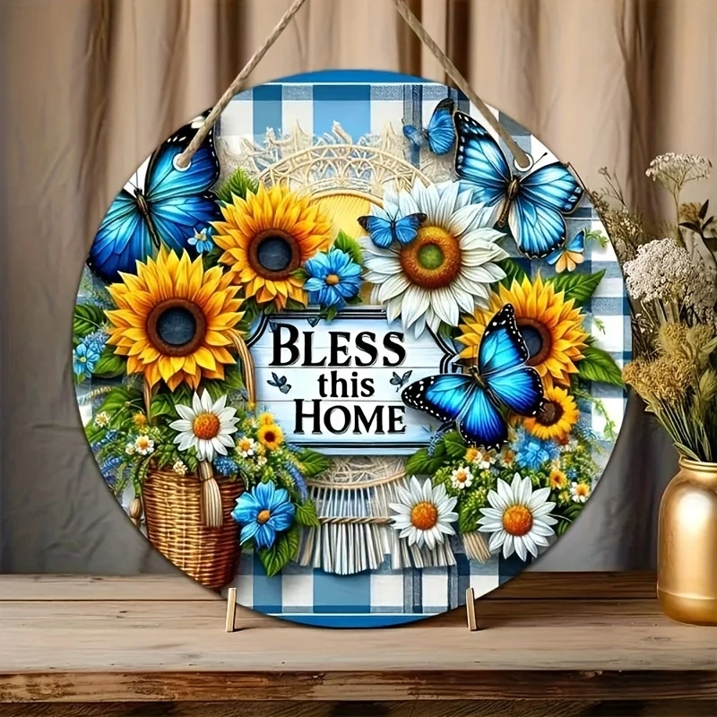 2D 2OCM Sunflower Butterfly Ecological Nature Wooden Round Disc Furniture Hanging Wall Decoration Outdoor Decoration Farm Gift