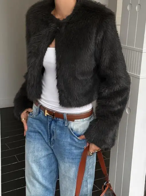 Herfst- en wintermode Luxe effen kleur korte bontjas voor dames, slim fit temperament, high-end gevoel korte bontjas